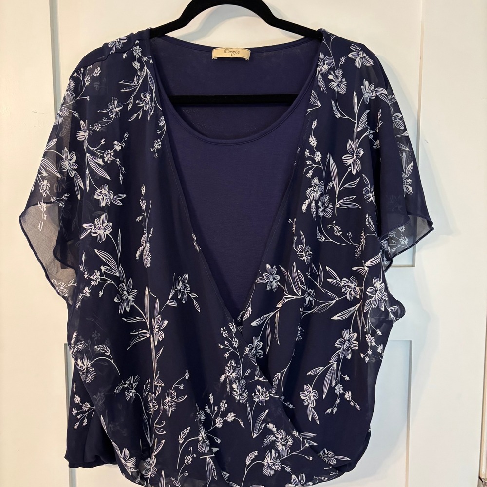 Cestyle Navy Blue Floral Surplice Layered Blouse Short Sleeve Top Large Coquette